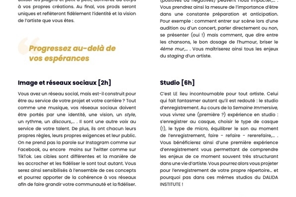 ÉVÈNEMENT : Les inscriptions pour les stages du Dalida Institute sont ouvertes ! Venez bénéficier d'un accompagnement artistique complet aux côtés de professionnels